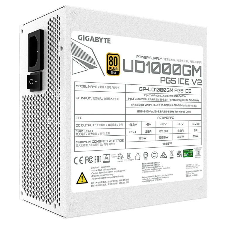 Gigabyte UD1000GM PG5 V2 ICE Fuente Gaming 1000W 80+ Modular 120 mm ATX Blanco