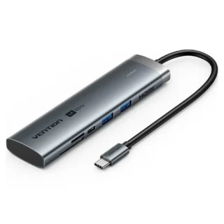 Vention TPSHB Docking USB-C 1xHDMI 4K 2xUSB 2xUSB-C 1xRJ45 1xUSB-C/PD 1xLector Tarjetas Gris