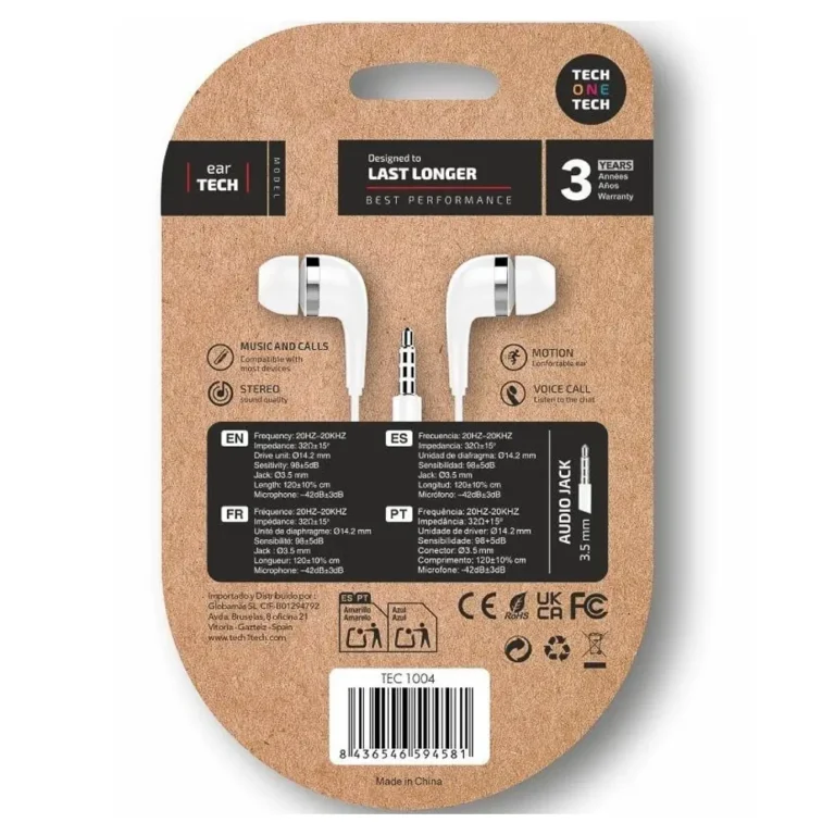 Tech One Tech soft earTECH TEC1004 Auriculares Intrauditivos con Micro Jack 3.5 Blancos