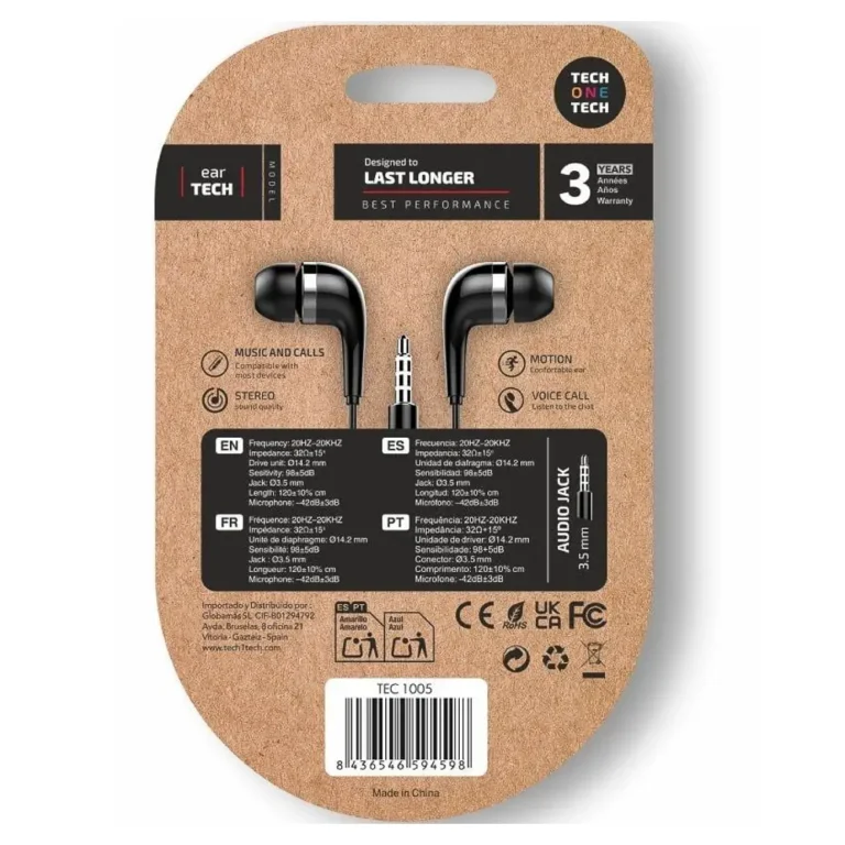 Tech One Tech soft earTECH TEC1005 Auriculares Intrauditivos con Micro Jack 3.5 Negros