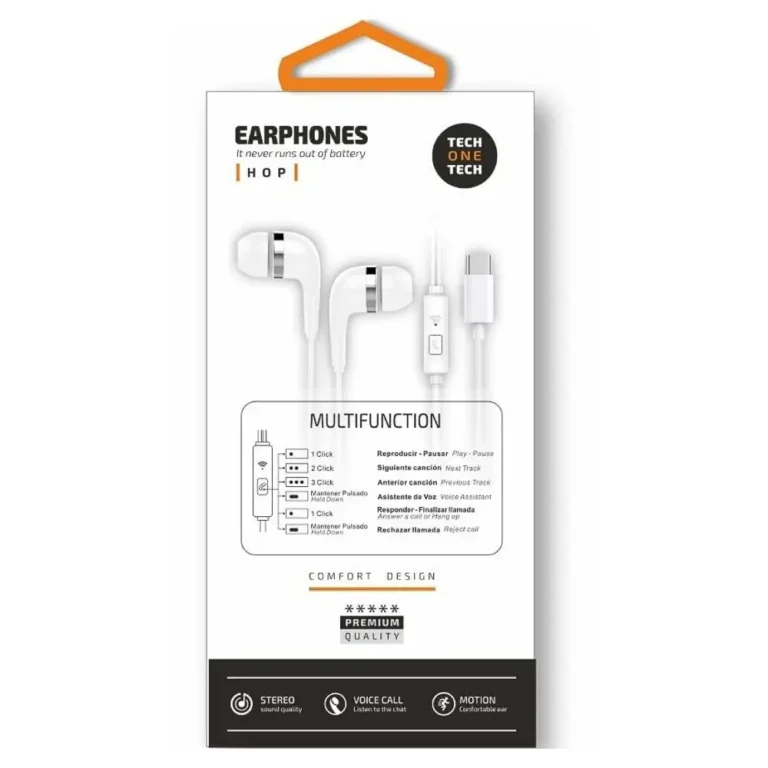 Tech One Tech earTECH TEC1304 Auriculares Intrauditivos con Micro USB Tipo-C Blancos