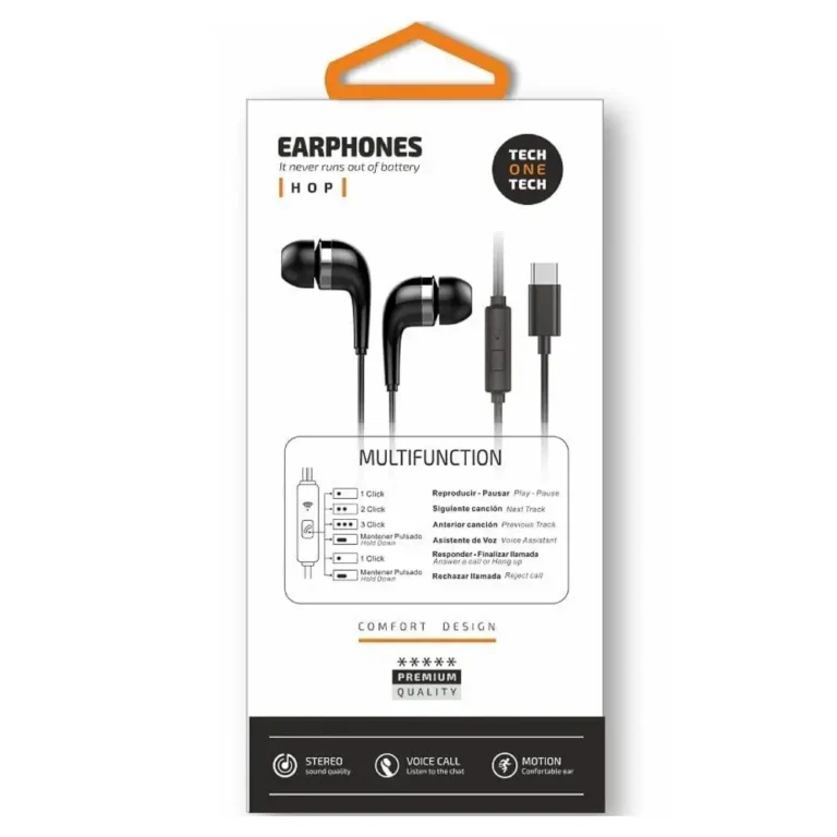 Tech One Tech earTECH TEC1305 Auriculares Intrauditivos con Micro USB Tipo-C Negros