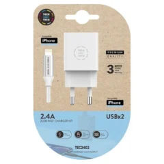 TECH ONE TECH CARGADOR DE PARED TEC2402 2XUSB + CABLE LIGHTNING 2.4A BLANCO