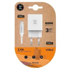TECH ONE TECH CARGADOR TEC2403 2XUSB + CABLE USB TIPO-C 2.4A BLANCO