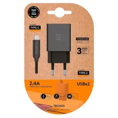 TECH ONE TECH CARGADOR DE PARED TEC2423 2XUSB + CABLE USB TIPO-C 2.4A NEGRO