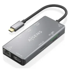 Aisens ASUC-9P018-GR Docking USB-C 2xHDMI 3xUSB 1xRJ45 1xLector Tarjetas 1xUSB Tipo-C PD Gris