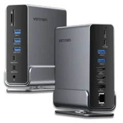 Vention TPUH0 Docking USB-C 2xHDMI 1xDP 3xUSB-C 5xUSB 1xRJ45 1xLector de Tarjetas 1xJack 3.5 1xUSB-C PD Gris